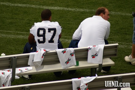 John Ryan and Kallen Wade sit on the bench and watch the 2008 Blue Gold game because of injuries.