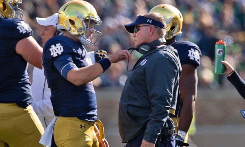 Notre Dame QB Ian Book and head coach Brian Kelly