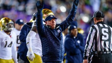 Notre Dame head coach Brian Kelly celebrates a Notre Dame TD vs. Northwestern.