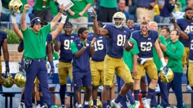 Notre Dame WR celebrates a first down during Notre Dame's win over Michigan earlier this year.