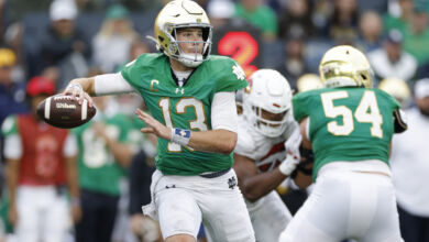 Notre Dame Fighting Irish quarterback Riley Leonard (Photo by Joe Robbins/Icon Sportswire)