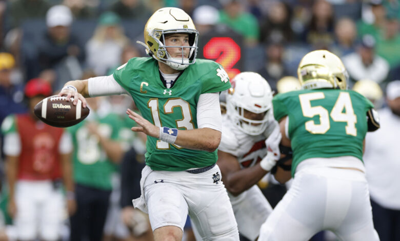 Notre Dame Fighting Irish quarterback Riley Leonard (Photo by Joe Robbins/Icon Sportswire)