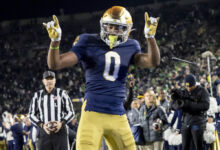 Notre Dame Fighting Irish wide receiver Deion Colzie (0) celebrates after scoring a touchdown