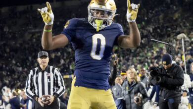 Notre Dame Fighting Irish wide receiver Deion Colzie (0) celebrates after scoring a touchdown