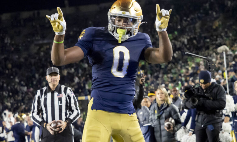 Notre Dame Fighting Irish wide receiver Deion Colzie (0) celebrates after scoring a touchdown