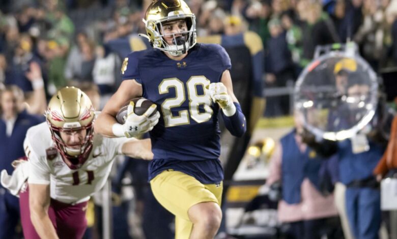 Notre Dame Fighting Irish safety Luke Talich (28) runs the ball for a touchdown